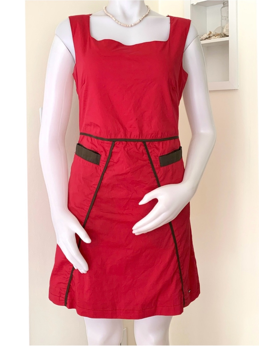 Skunkfunk red sleeveless sheath dress with dark brown trim